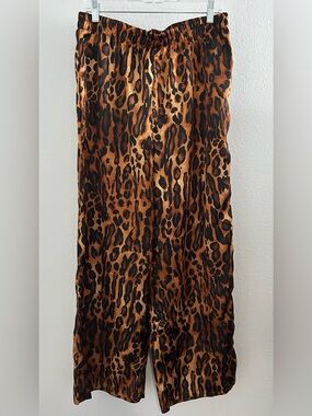Jolie & Joy Satin Leopard Wide-Leg Pants in Brown